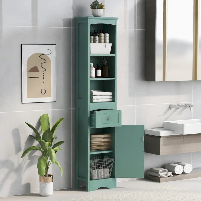 Meuble de rangement haut de salle de bain autoportant avec tiroir et étagère réglable, gris/vert/blanc