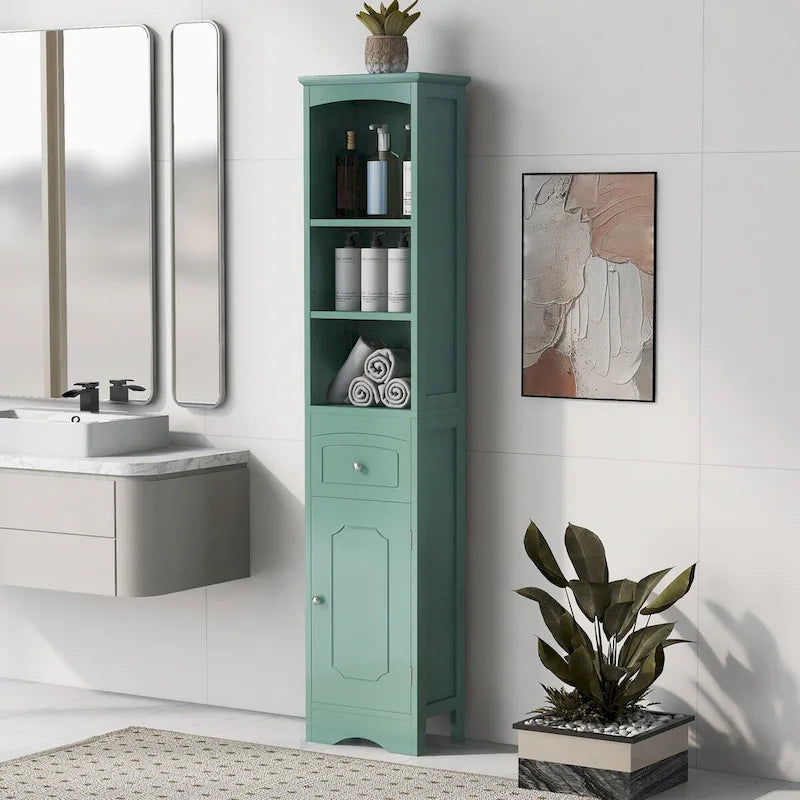 Meuble de rangement haut de salle de bain autoportant avec tiroir et étagère réglable, gris/vert/blanc
