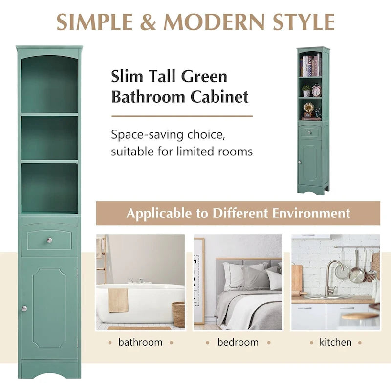 Meuble de rangement haut de salle de bain autoportant avec tiroir et étagère réglable, gris/vert/blanc