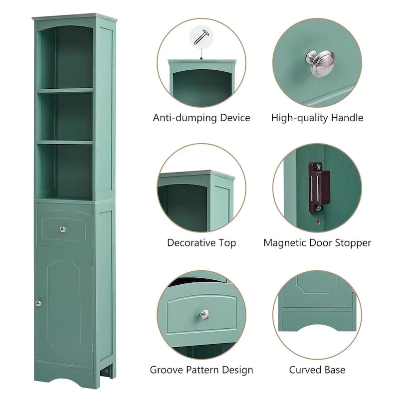 Meuble de rangement haut de salle de bain autoportant avec tiroir et étagère réglable, gris/vert/blanc