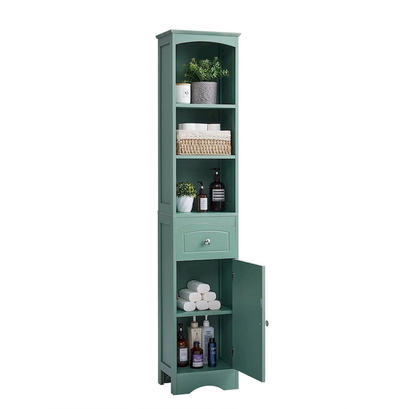 Meuble de rangement haut de salle de bain autoportant avec tiroir et étagère réglable, gris/vert/blanc