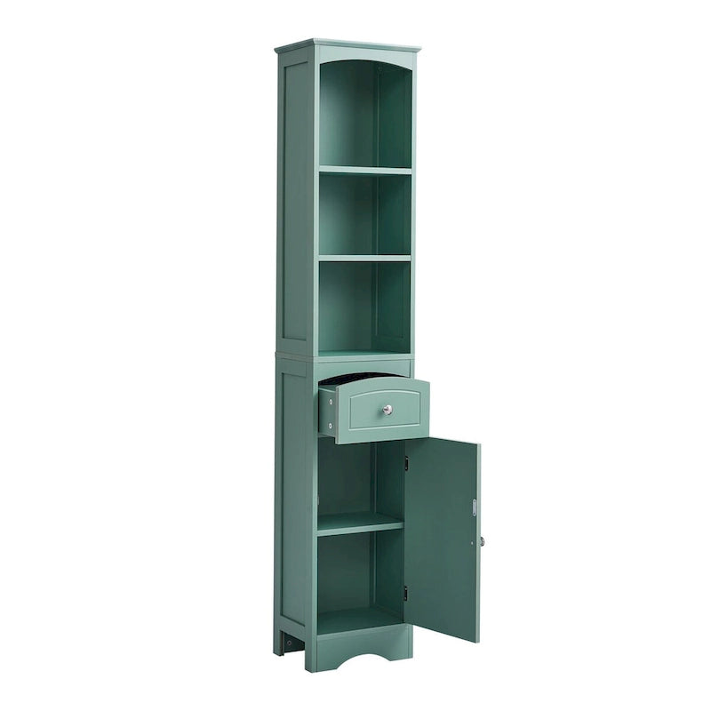 Meuble de rangement haut de salle de bain autoportant avec tiroir et étagère réglable, gris/vert/blanc