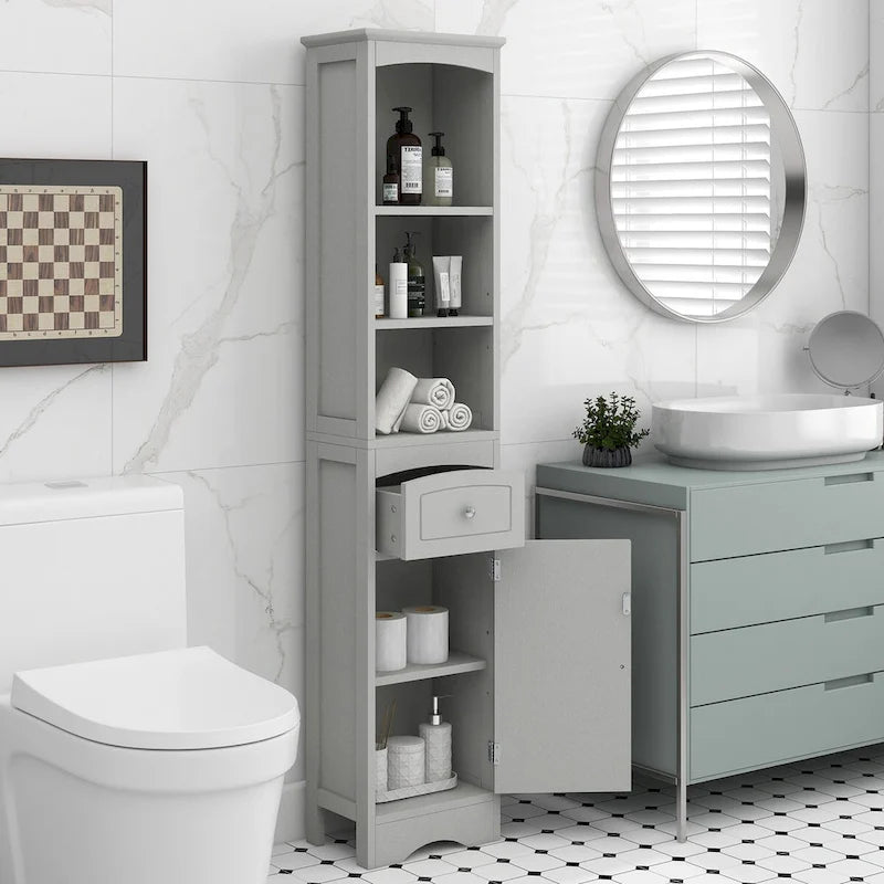 Meuble de rangement haut de salle de bain autoportant avec tiroir et étagère réglable, gris/vert/blanc