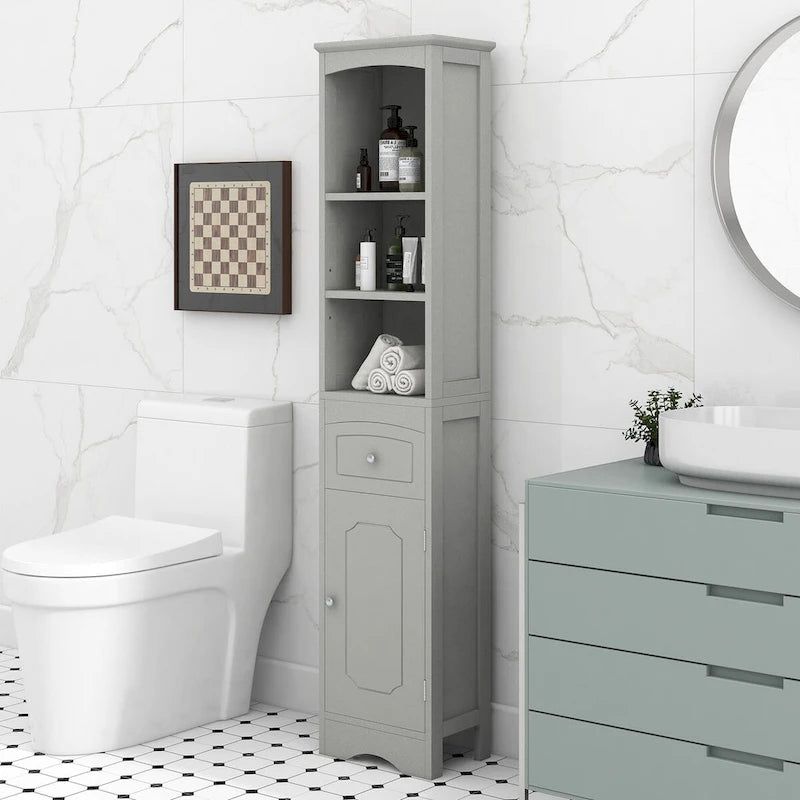 Meuble de rangement haut de salle de bain autoportant avec tiroir et étagère réglable, gris/vert/blanc