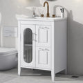 Meuble-lavabo de salle de bain blanc autoportant avec lavabo en céramique, deux tiroirs et porte en verre dépoli