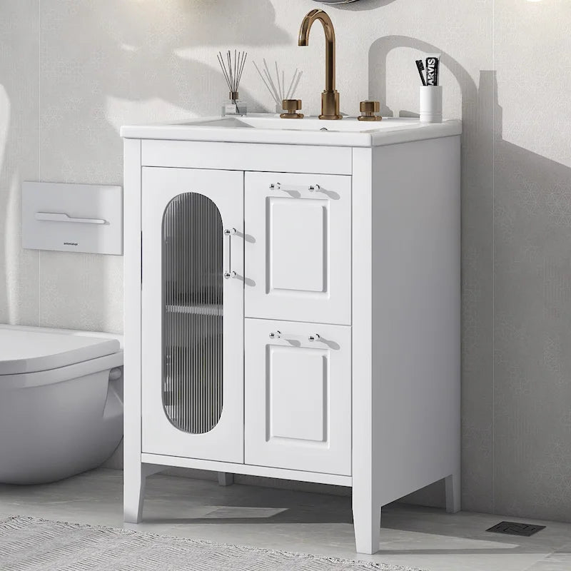 Meuble-lavabo de salle de bain blanc autoportant avec lavabo en céramique, deux tiroirs et porte en verre dépoli