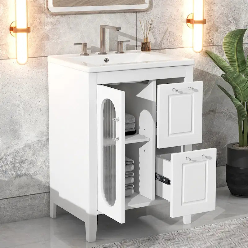 Meuble-lavabo de salle de bain blanc autoportant avec lavabo en céramique, deux tiroirs et porte en verre dépoli