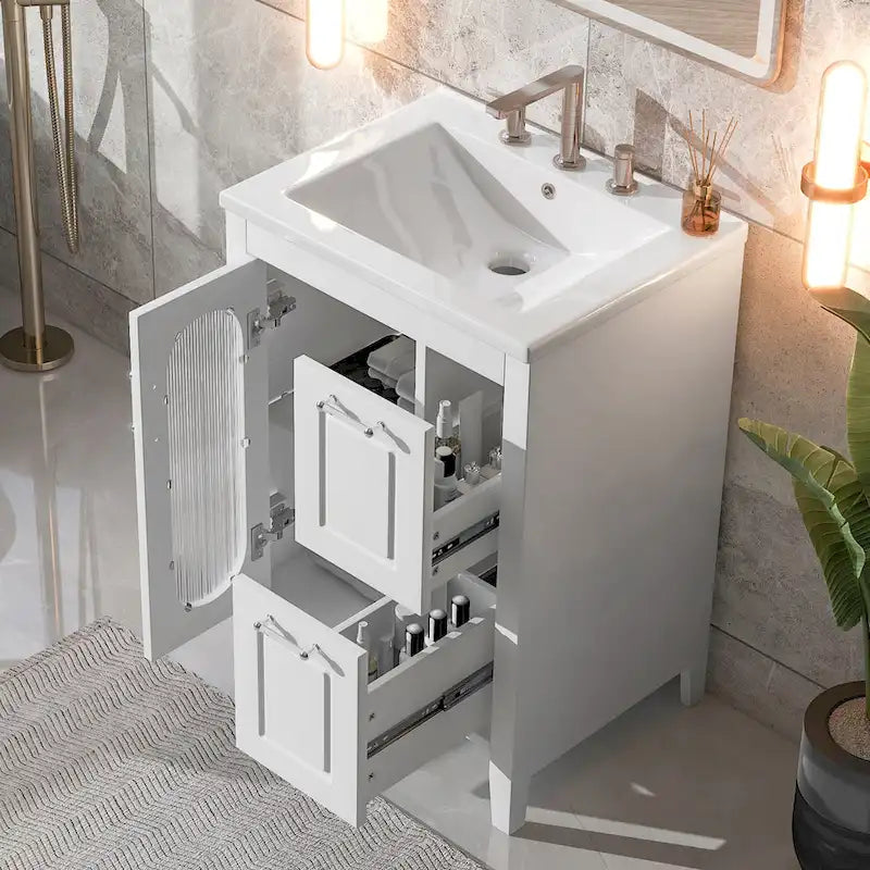 Meuble-lavabo de salle de bain blanc autoportant avec lavabo en céramique, deux tiroirs et porte en verre dépoli