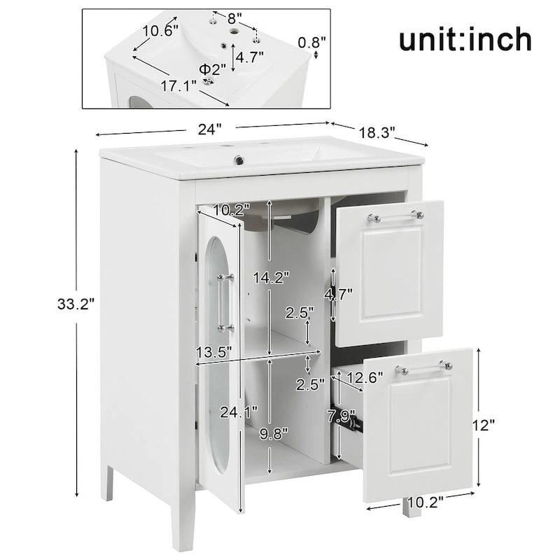 Meuble-lavabo de salle de bain blanc autoportant avec lavabo en céramique, deux tiroirs et porte en verre dépoli