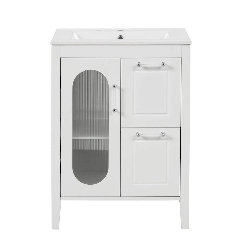 Meuble-lavabo de salle de bain blanc autoportant avec lavabo en céramique, deux tiroirs et porte en verre dépoli