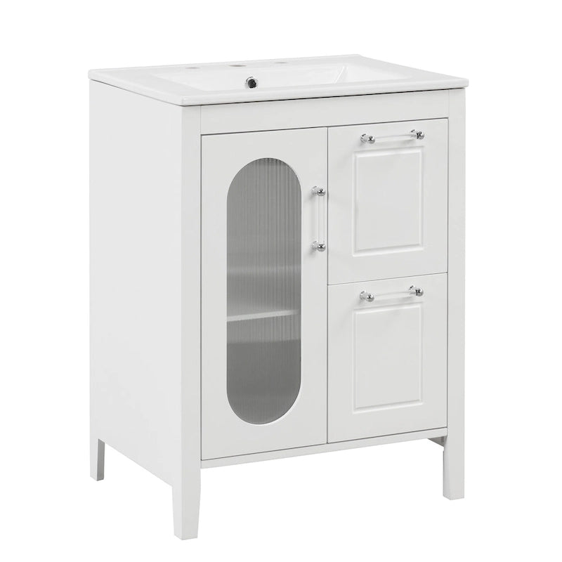 Meuble-lavabo de salle de bain blanc autoportant avec lavabo en céramique, deux tiroirs et porte en verre dépoli