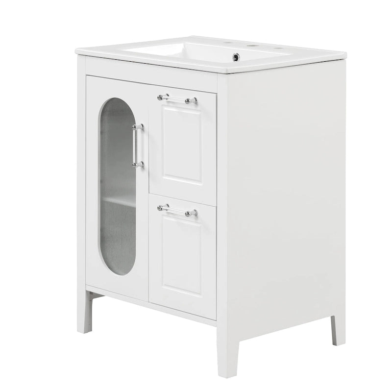 Meuble-lavabo de salle de bain blanc autoportant avec lavabo en céramique, deux tiroirs et porte en verre dépoli
