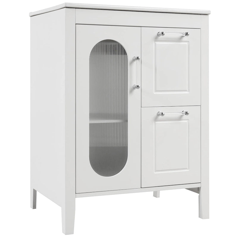 Meuble-lavabo de salle de bain blanc autoportant avec lavabo en céramique, deux tiroirs et porte en verre dépoli