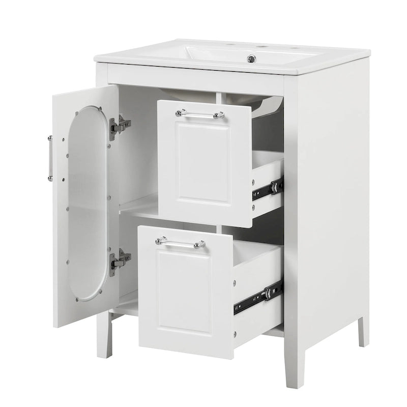 Meuble-lavabo de salle de bain blanc autoportant avec lavabo en céramique, deux tiroirs et porte en verre dépoli