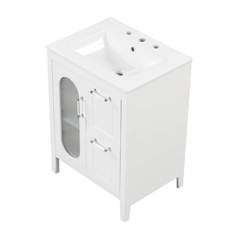 Meuble-lavabo de salle de bain blanc autoportant avec lavabo en céramique, deux tiroirs et porte en verre dépoli