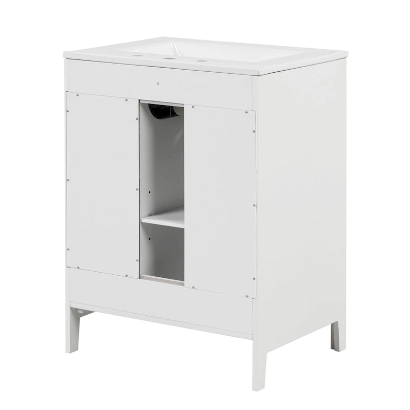 Meuble-lavabo de salle de bain blanc autoportant avec lavabo en céramique, deux tiroirs et porte en verre dépoli