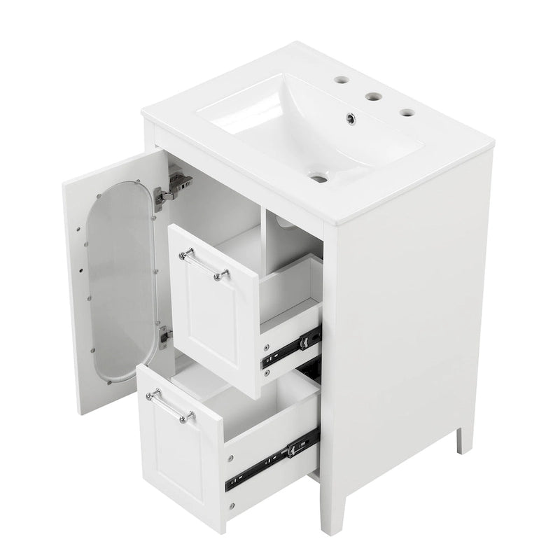 Meuble-lavabo de salle de bain blanc autoportant avec lavabo en céramique, deux tiroirs et porte en verre dépoli