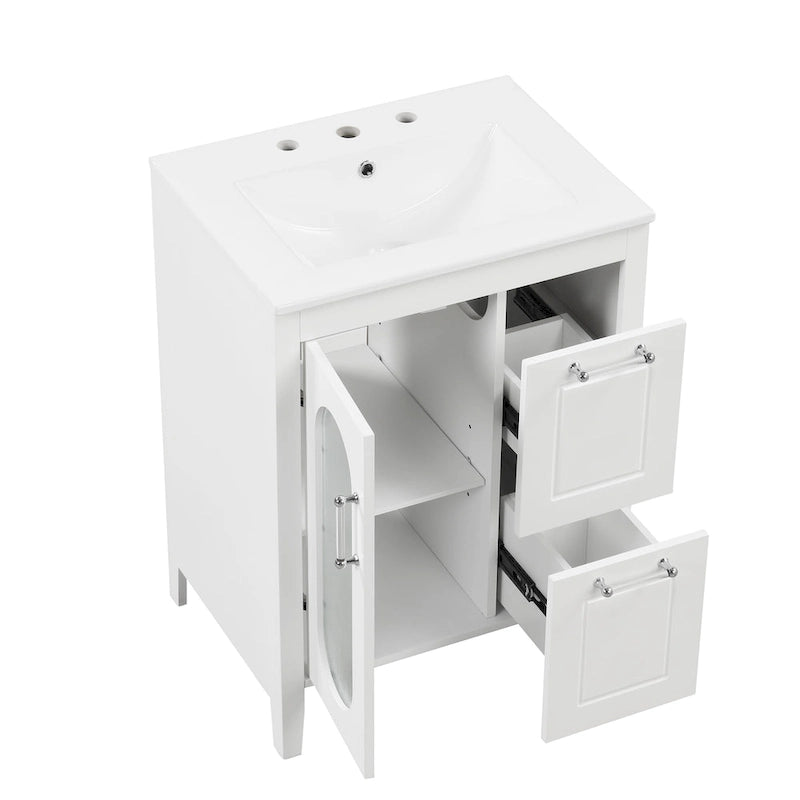 Meuble-lavabo de salle de bain blanc autoportant avec lavabo en céramique, deux tiroirs et porte en verre dépoli