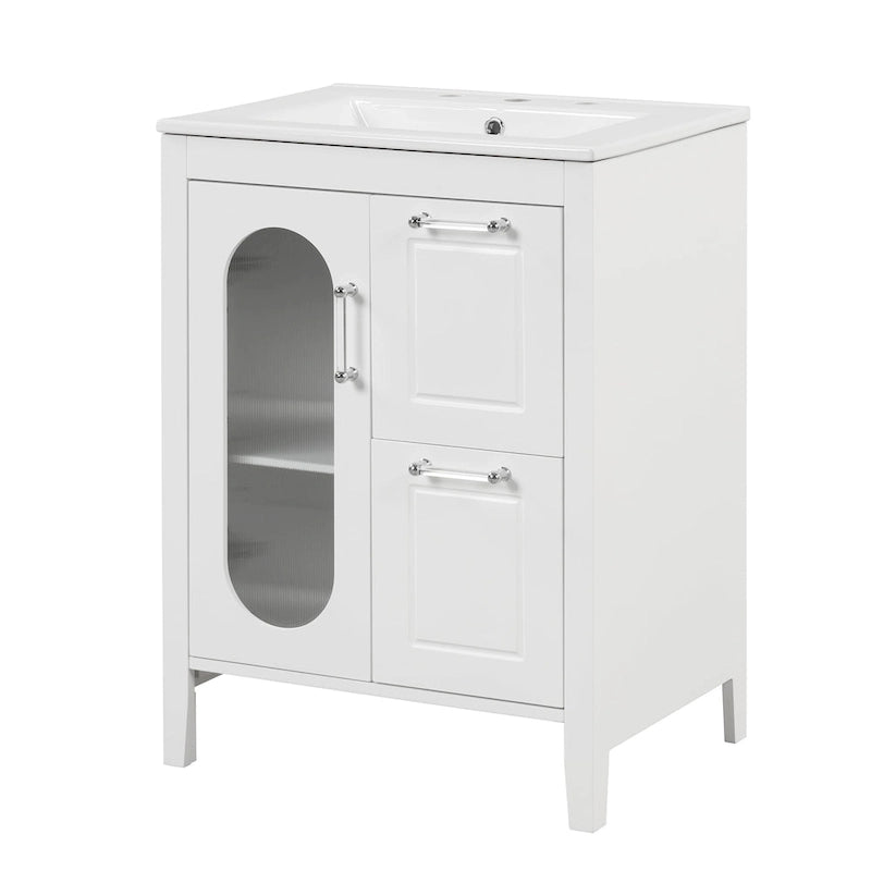 Meuble-lavabo de salle de bain blanc autoportant avec lavabo en céramique, deux tiroirs et porte en verre dépoli