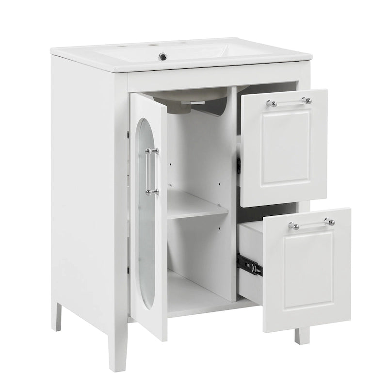 Meuble-lavabo de salle de bain blanc autoportant avec lavabo en céramique, deux tiroirs et porte en verre dépoli