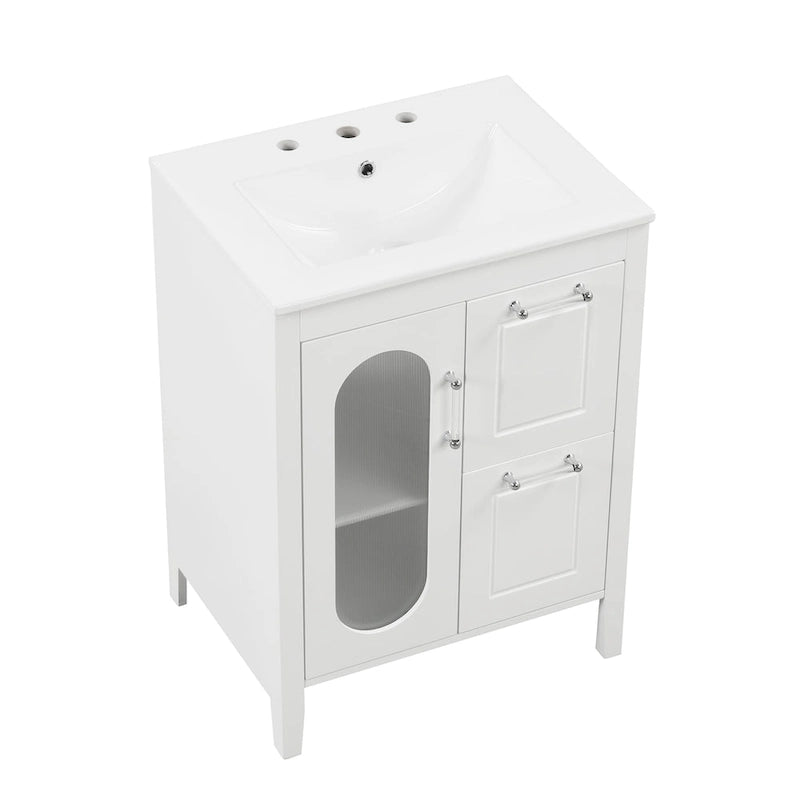 Meuble-lavabo de salle de bain blanc autoportant avec lavabo en céramique, deux tiroirs et porte en verre dépoli