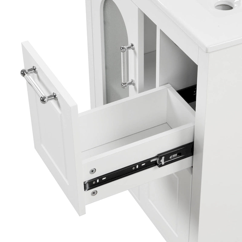 Meuble-lavabo de salle de bain blanc autoportant avec lavabo en céramique, deux tiroirs et porte en verre dépoli