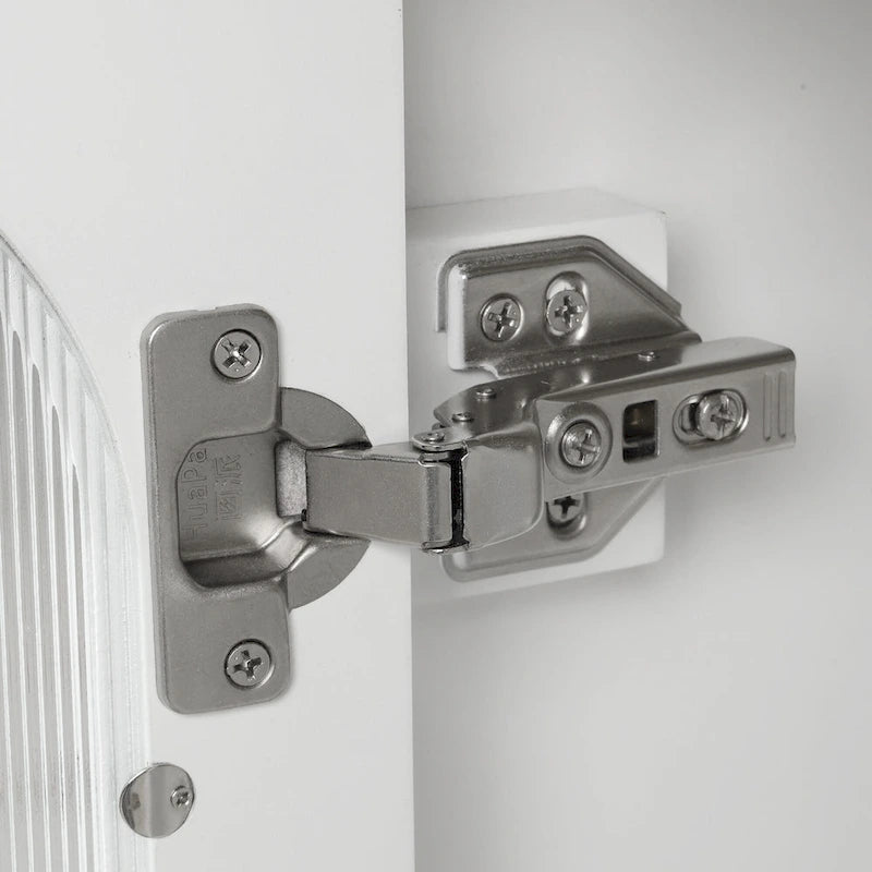 Meuble-lavabo de salle de bain blanc autoportant avec lavabo en céramique, deux tiroirs et porte en verre dépoli