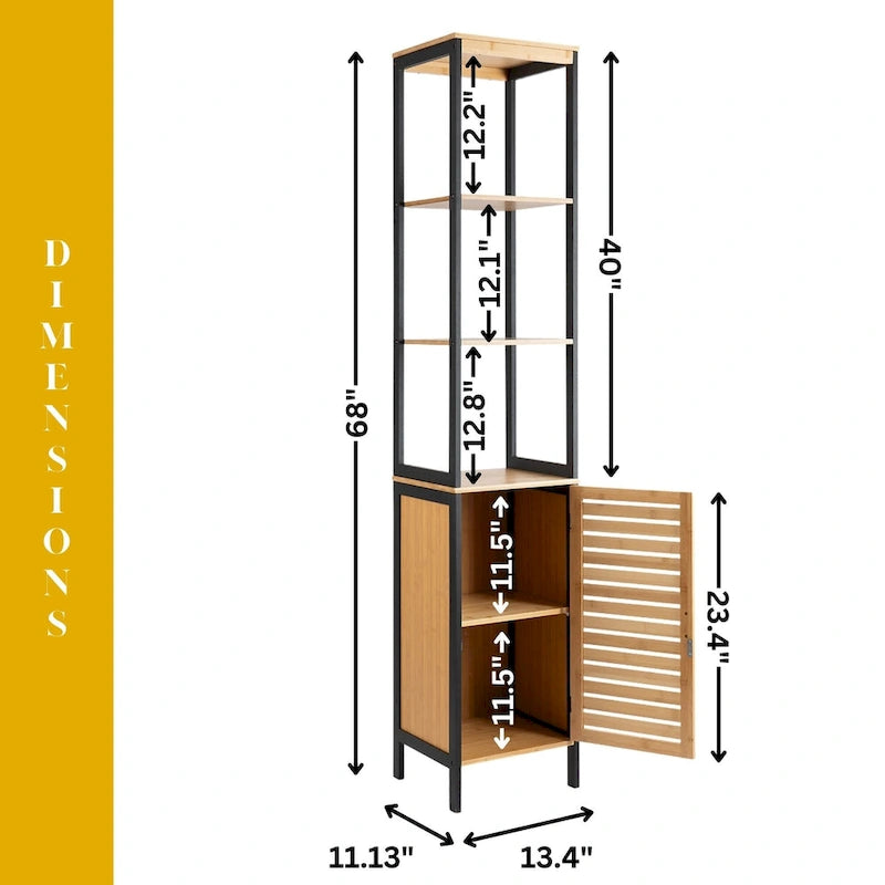 Armoire de rangement haute et étroite, étagères ouvertes, porte fermée, naturel noir