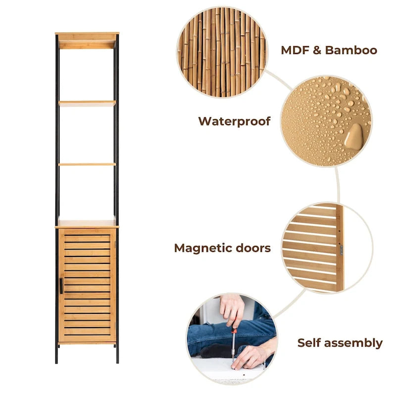 Armoire de rangement haute et étroite, étagères ouvertes, porte fermée, naturel noir