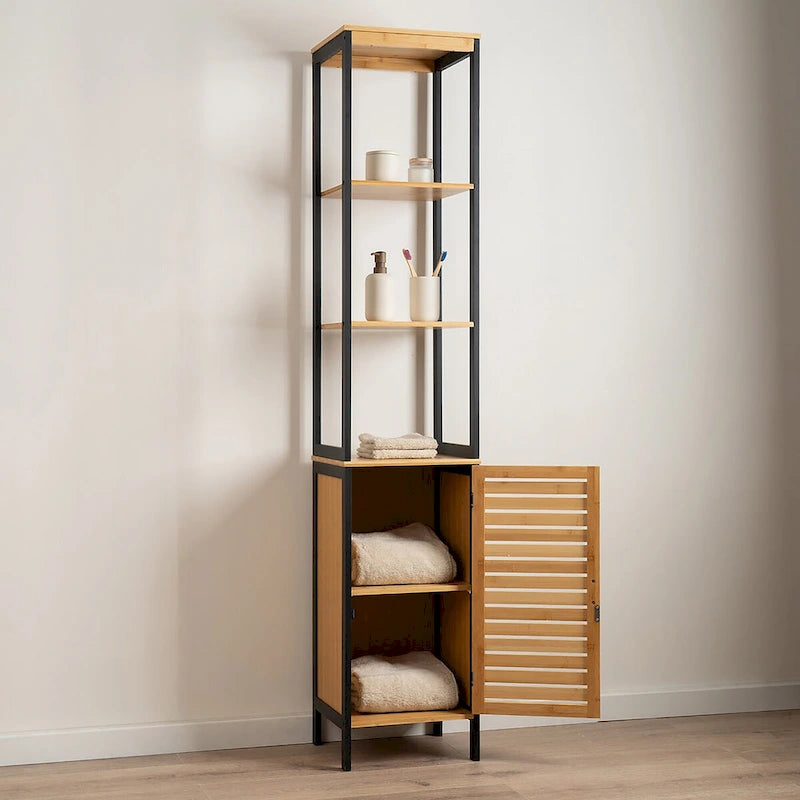 Armoire de rangement haute et étroite, étagères ouvertes, porte fermée, naturel noir