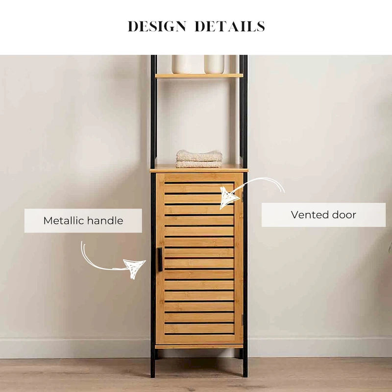 Armoire de rangement haute et étroite, étagères ouvertes, porte fermée, naturel noir