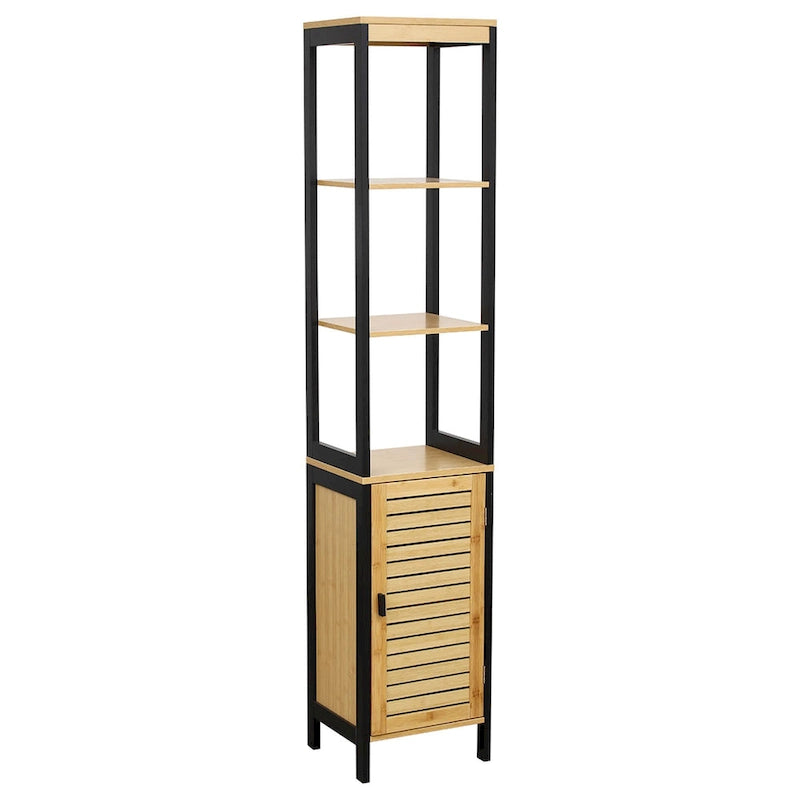 Armoire de rangement haute et étroite, étagères ouvertes, porte fermée, naturel noir