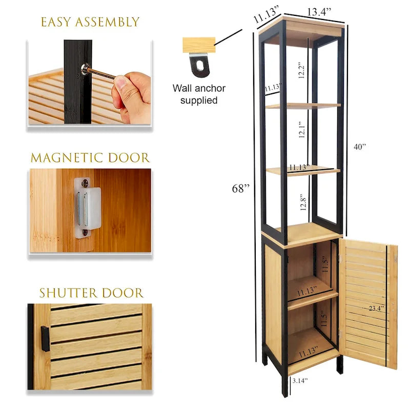 Armoire de rangement haute et étroite, étagères ouvertes, porte fermée, naturel noir