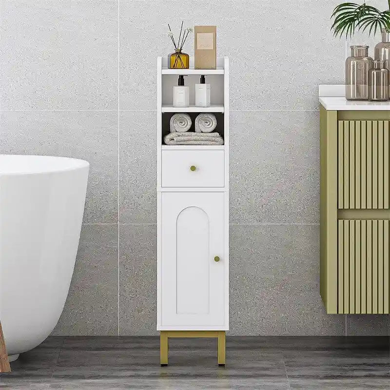Meuble de rangement étroit et mince avec tiroir et porte, blanc doré