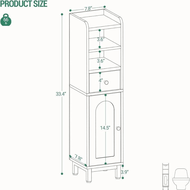 Meuble de rangement étroit et mince avec tiroir et porte, blanc doré