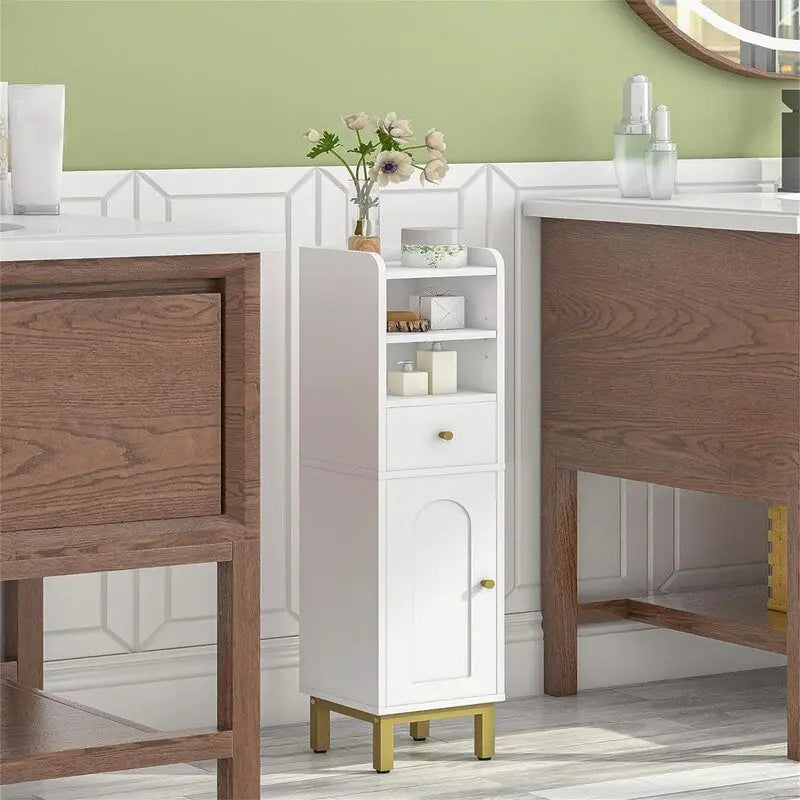 Meuble de rangement étroit et mince avec tiroir et porte, blanc doré