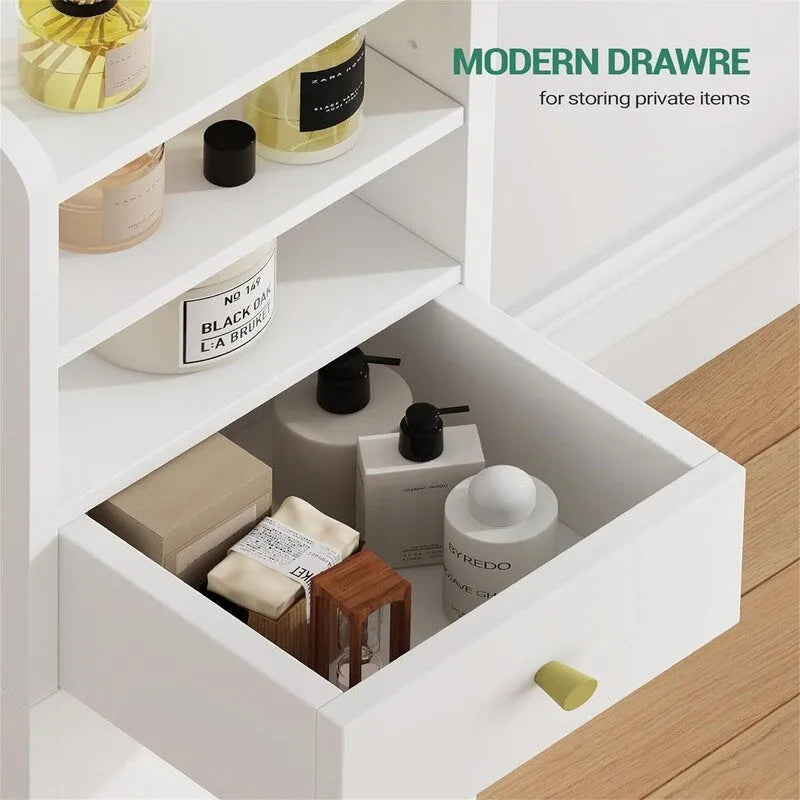 Meuble de rangement étroit et mince avec tiroir et porte, blanc doré