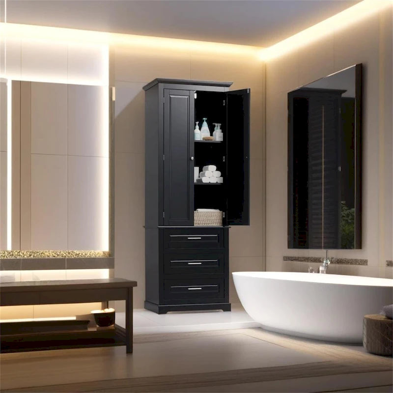 Armoire haute de rangement en MDF peint noir avec portes, tiroirs et étagère réglable