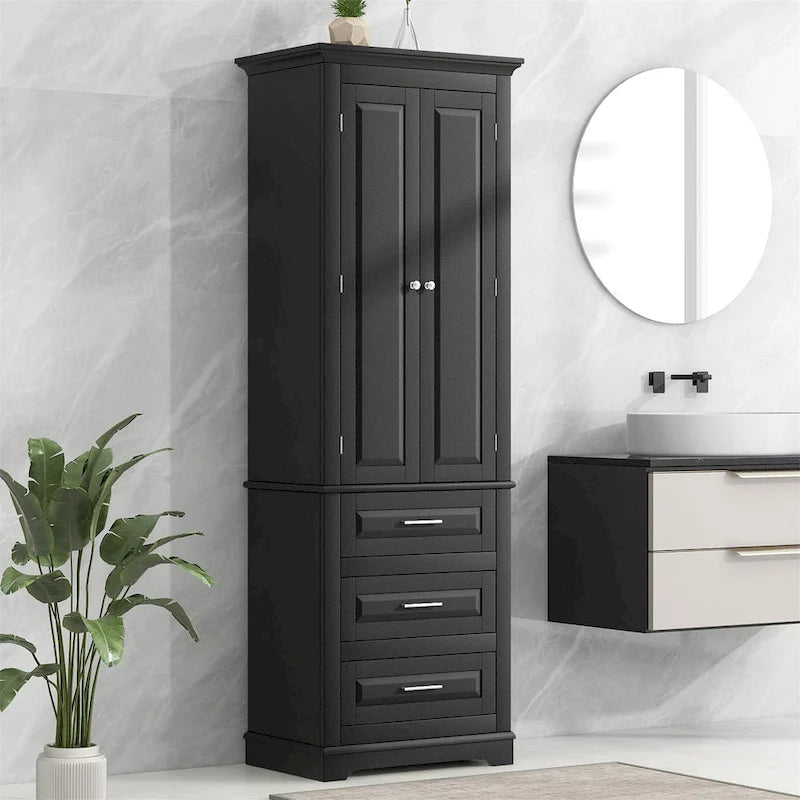 Armoire haute de rangement en MDF peint noir avec portes, tiroirs et étagère réglable