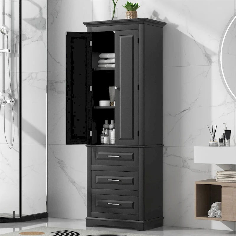 Armoire haute de rangement en MDF peint noir avec portes, tiroirs et étagère réglable