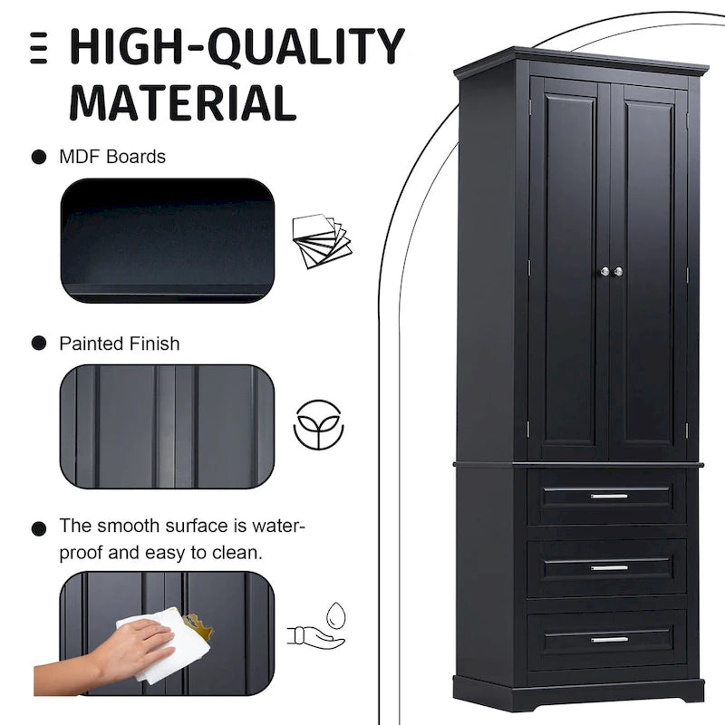 Armoire haute de rangement en MDF peint noir avec portes, tiroirs et étagère réglable
