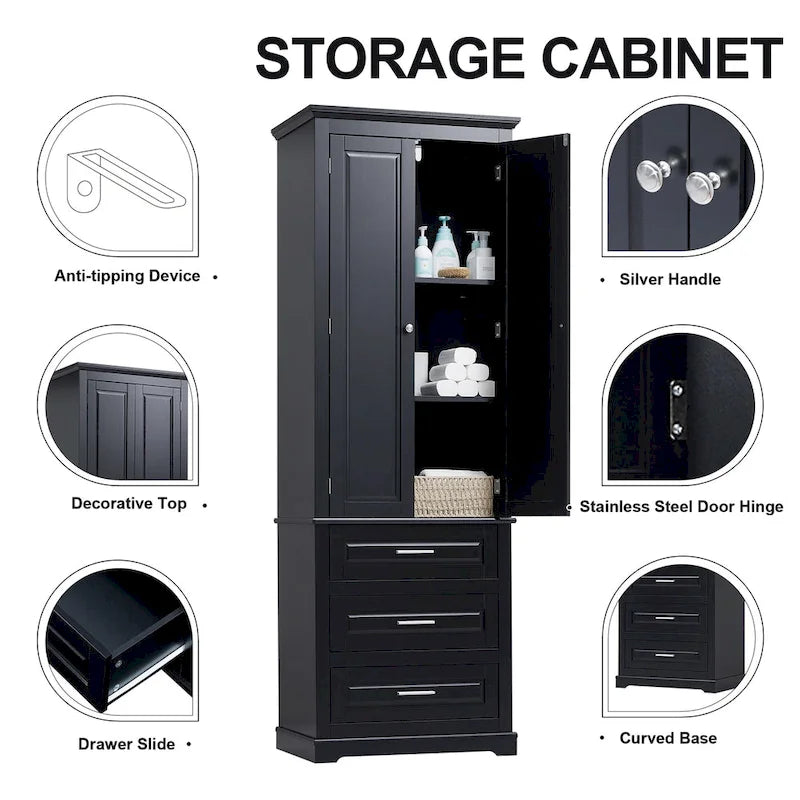 Armoire haute de rangement en MDF peint noir avec portes, tiroirs et étagère réglable