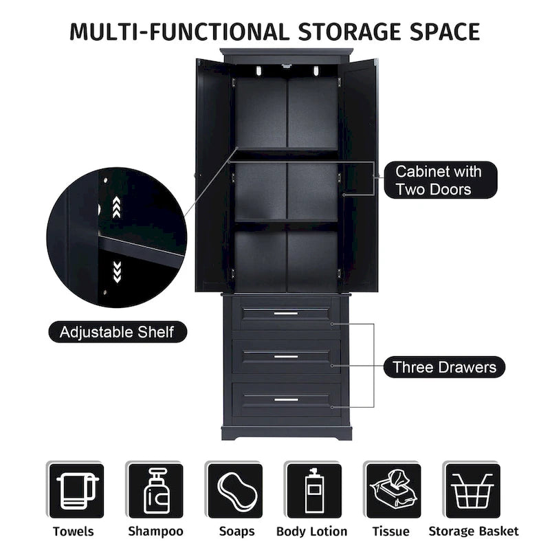 Armoire haute de rangement en MDF peint noir avec portes, tiroirs et étagère réglable