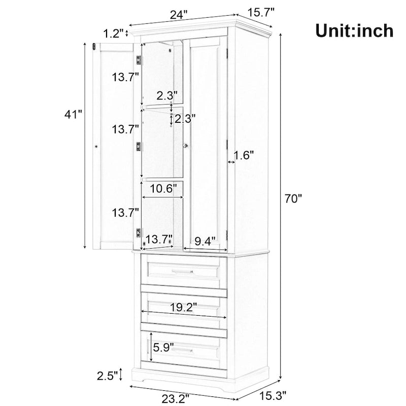Armoire haute de rangement en MDF peint noir avec portes, tiroirs et étagère réglable