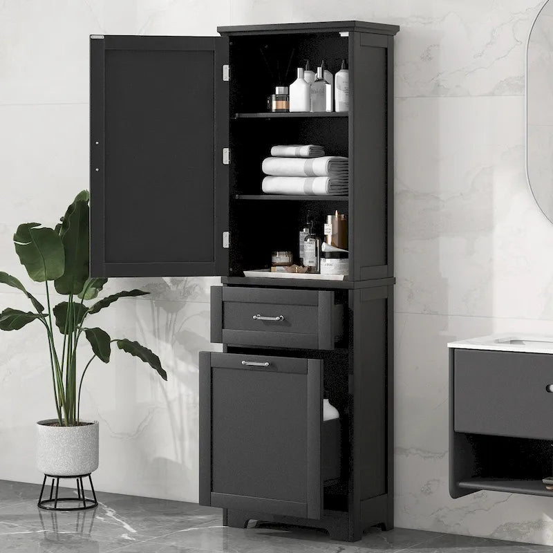 Meuble de rangement de salle de bain haut sur pied avec tiroirs, étagère réglable, noir