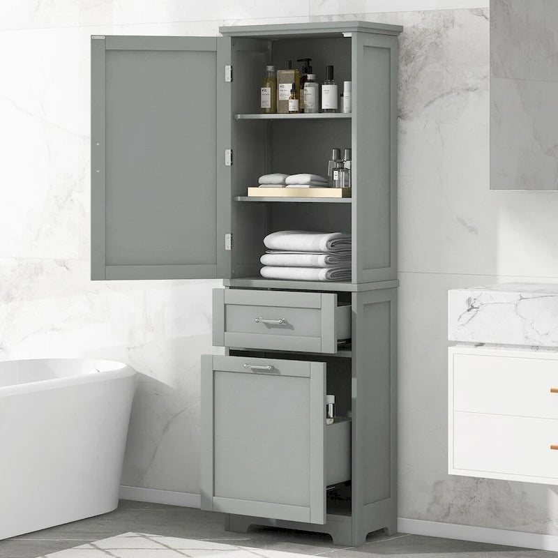 Meuble de rangement de salle de bain haut sur pied avec tiroirs, étagère réglable, noir