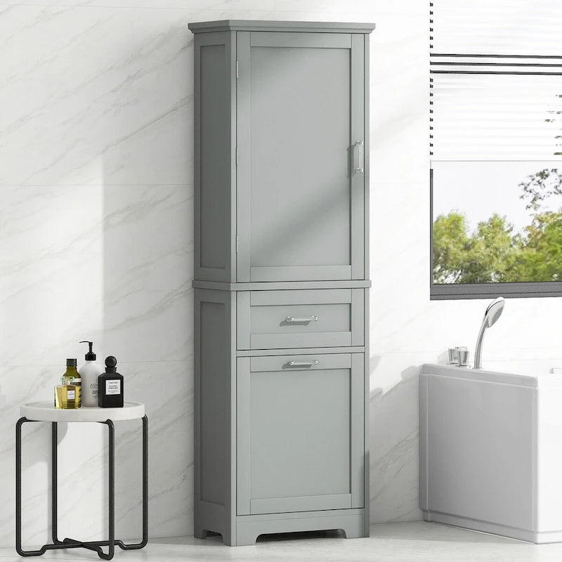 Meuble de rangement de salle de bain haut sur pied avec tiroirs, étagère réglable, noir