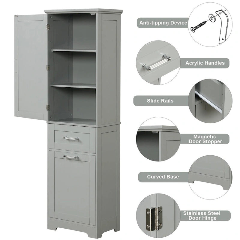 Meuble de rangement de salle de bain haut sur pied avec tiroirs, étagère réglable, noir
