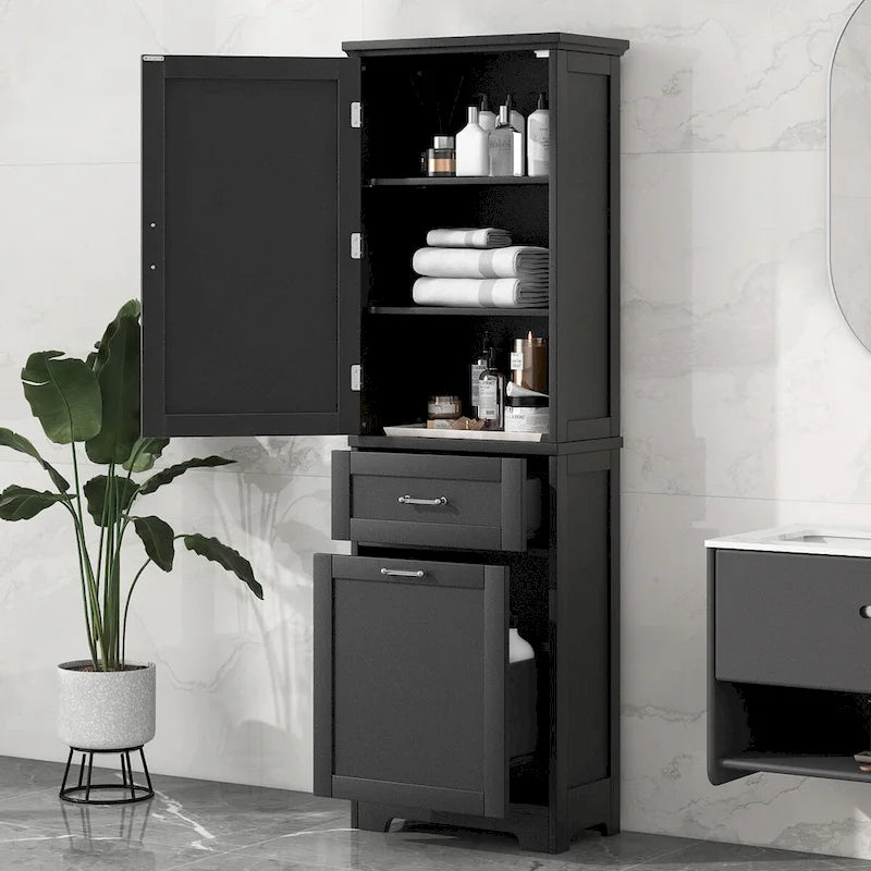 Meuble de rangement de salle de bain haut sur pied avec tiroirs, étagère réglable, noir