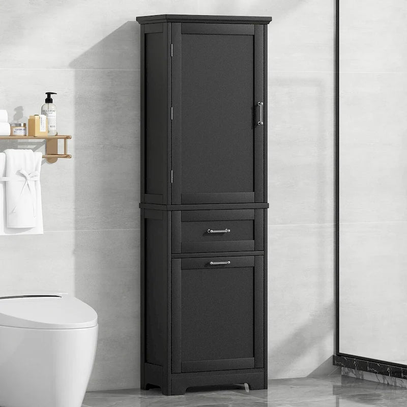 Meuble de rangement de salle de bain haut sur pied avec tiroirs, étagère réglable, noir